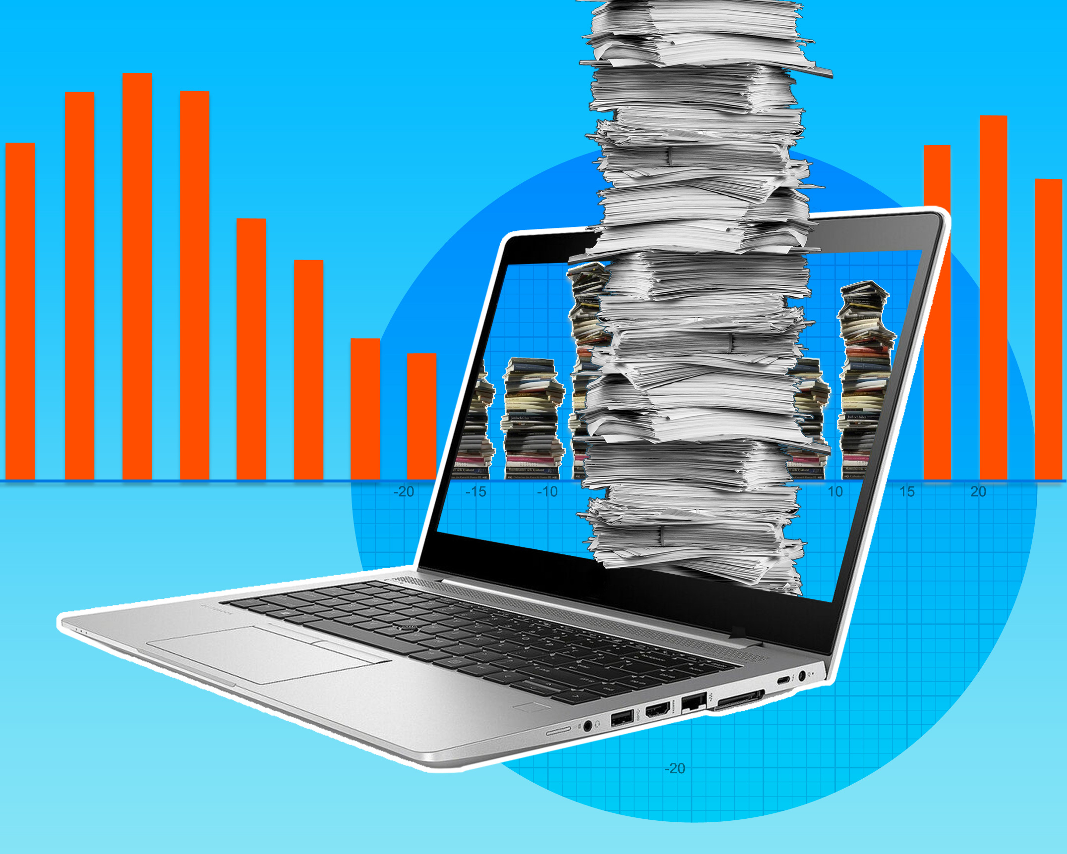 Illustration of a pile of research papers, books, and notes